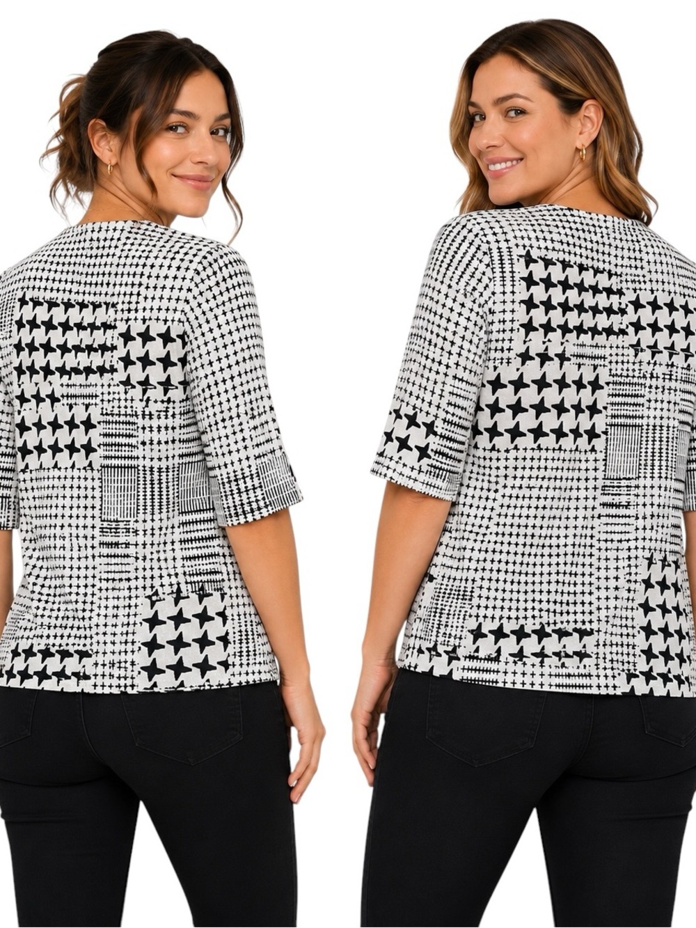CAbi Black White Stretch Geometric Print Zip Front 3/4 Sleeve Pocket Jacket Top - Picture 2 of 13